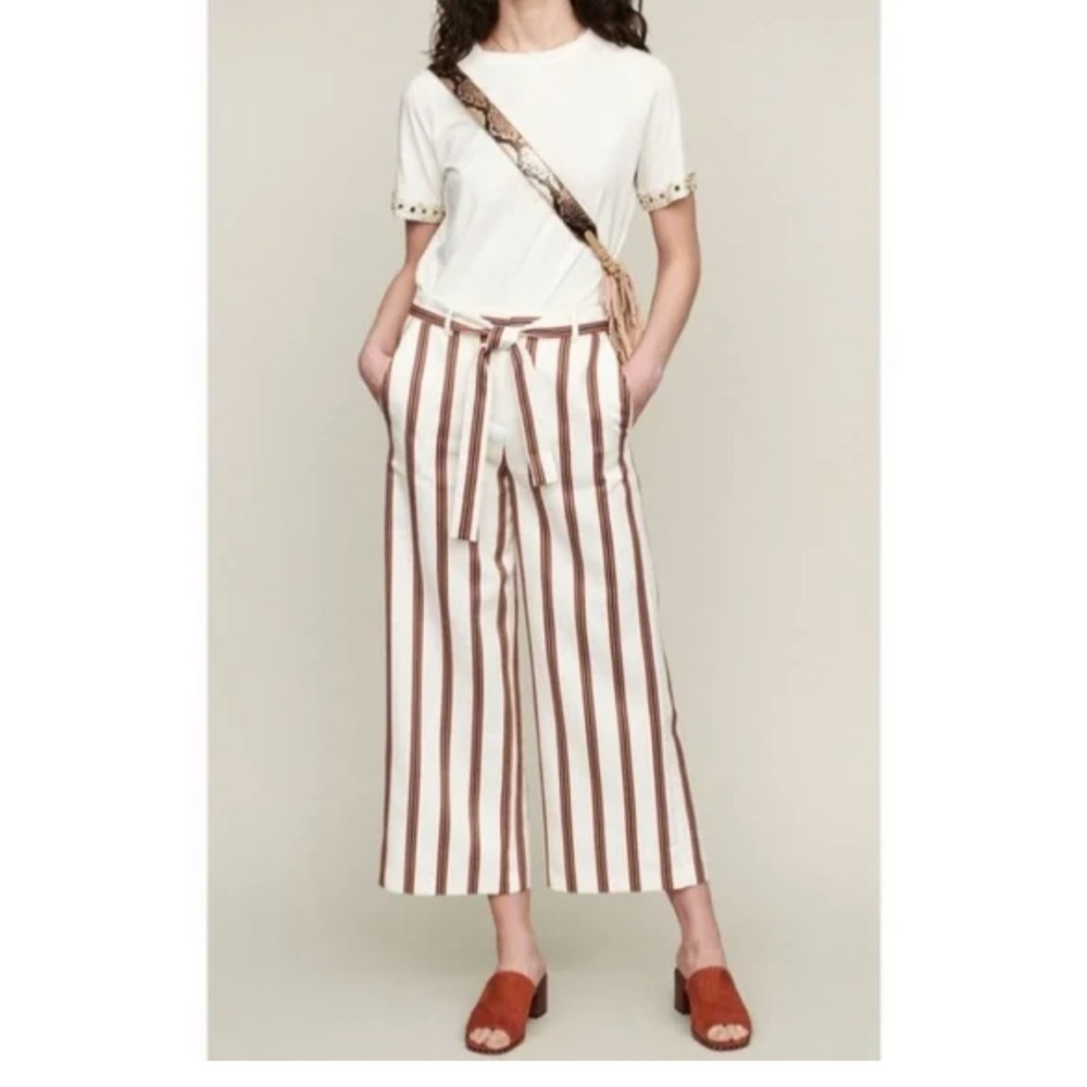 Maje Pomala Cropped Pants in Burnt Orange/Navy/White Stripe with Waist Tie